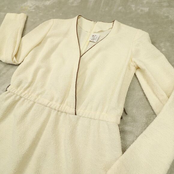 Leslie Fay Vintage 1970s Ivory Brown Trim Cross Front Dress Union Made size 8 - Picture 3 of 13